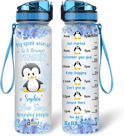 Grumpy Penguin Water Bottle Tracker 32oz – Personalized Funny Gift for Penguin Lovers & Friends