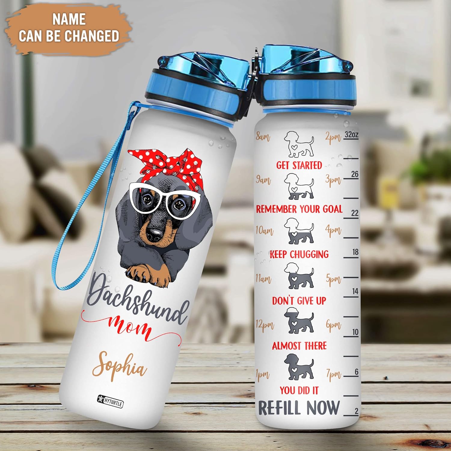 Dachshund Mom Water Bottle Tracker 32oz Personalized – Dog Lover Hydration Bottle – Mother’s Day or Birthday Gift for Dachshund Moms