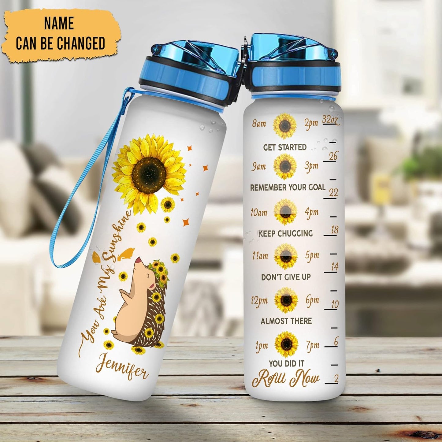 Hedgehog Sunflower Water Bottle Tracker 32oz – Personalized Motivational Water Bottle with Time Marker – Thoughtful Gift for Women