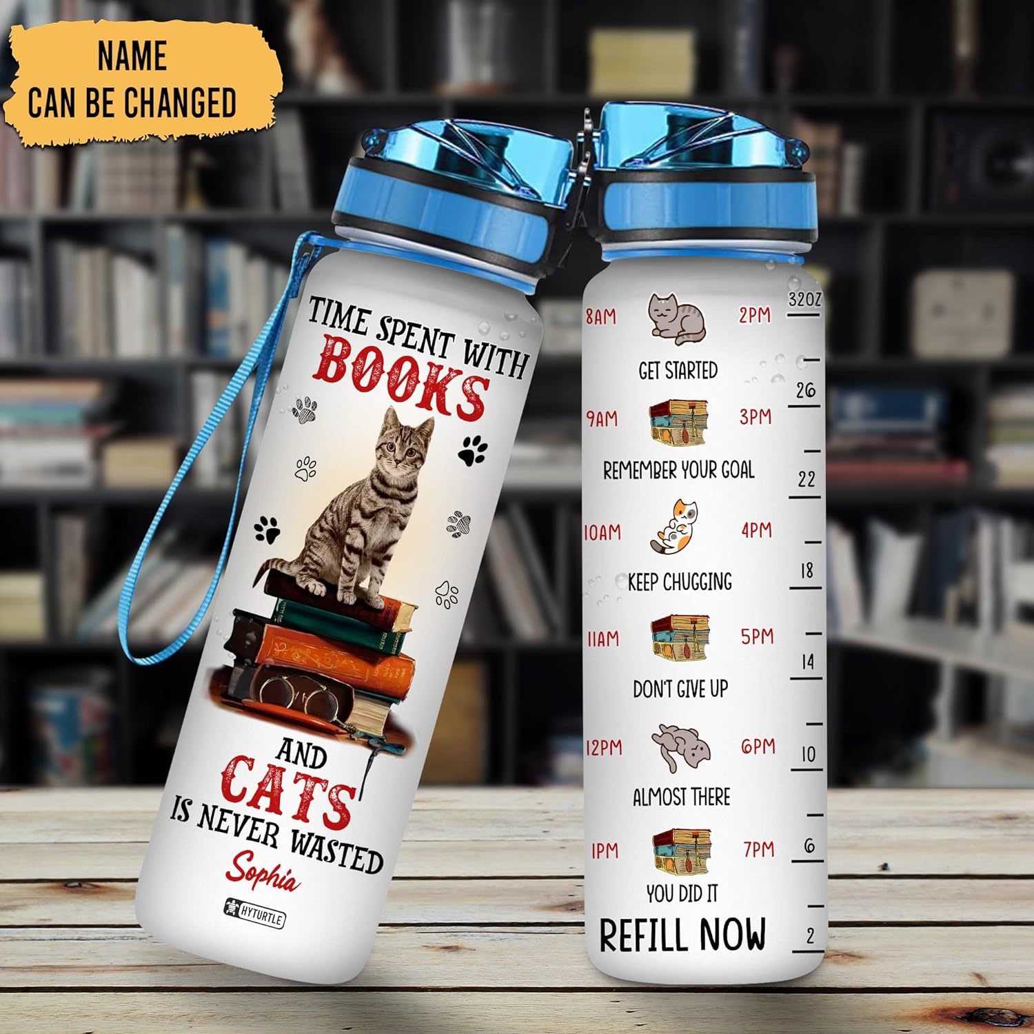 Time Spent With Books And Cats Is Never Wasted - Personalized Water Tracker Bottle 32oz