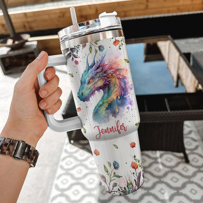 Watercolor Dragon Tumbler 40oz – Personalized Stainless Steel Insulated Cup with Handle & Straw – Unique Gift for Fantasy Lovers