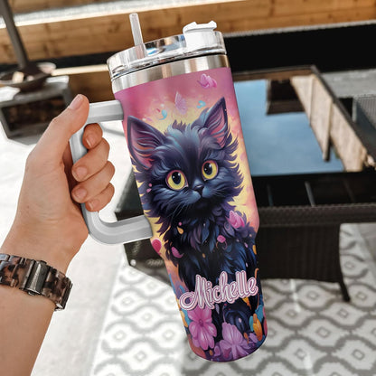 Black Cat Lover Tumbler 40oz with Handle & Straw – Personalized Stainless Steel Insulated Travel Cup with Lid – Cute Birthday & Christmas Gift for Cat Lovers