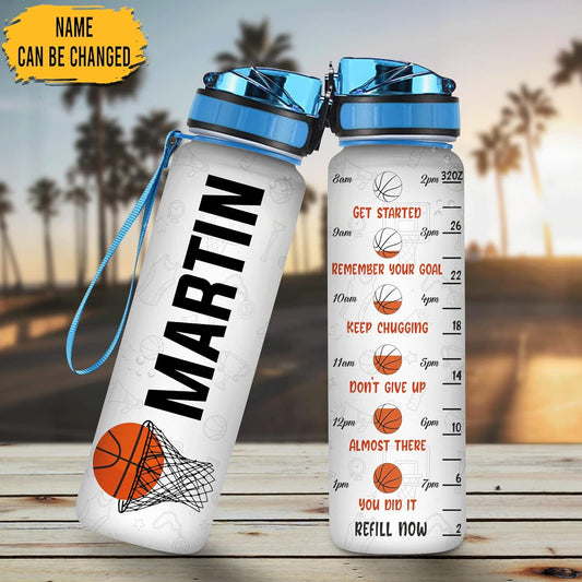 Basketball Water Bottle Tracker 32oz – Personalized Motivational Bottle with Time Marker – Sports Gift for Basketball Players