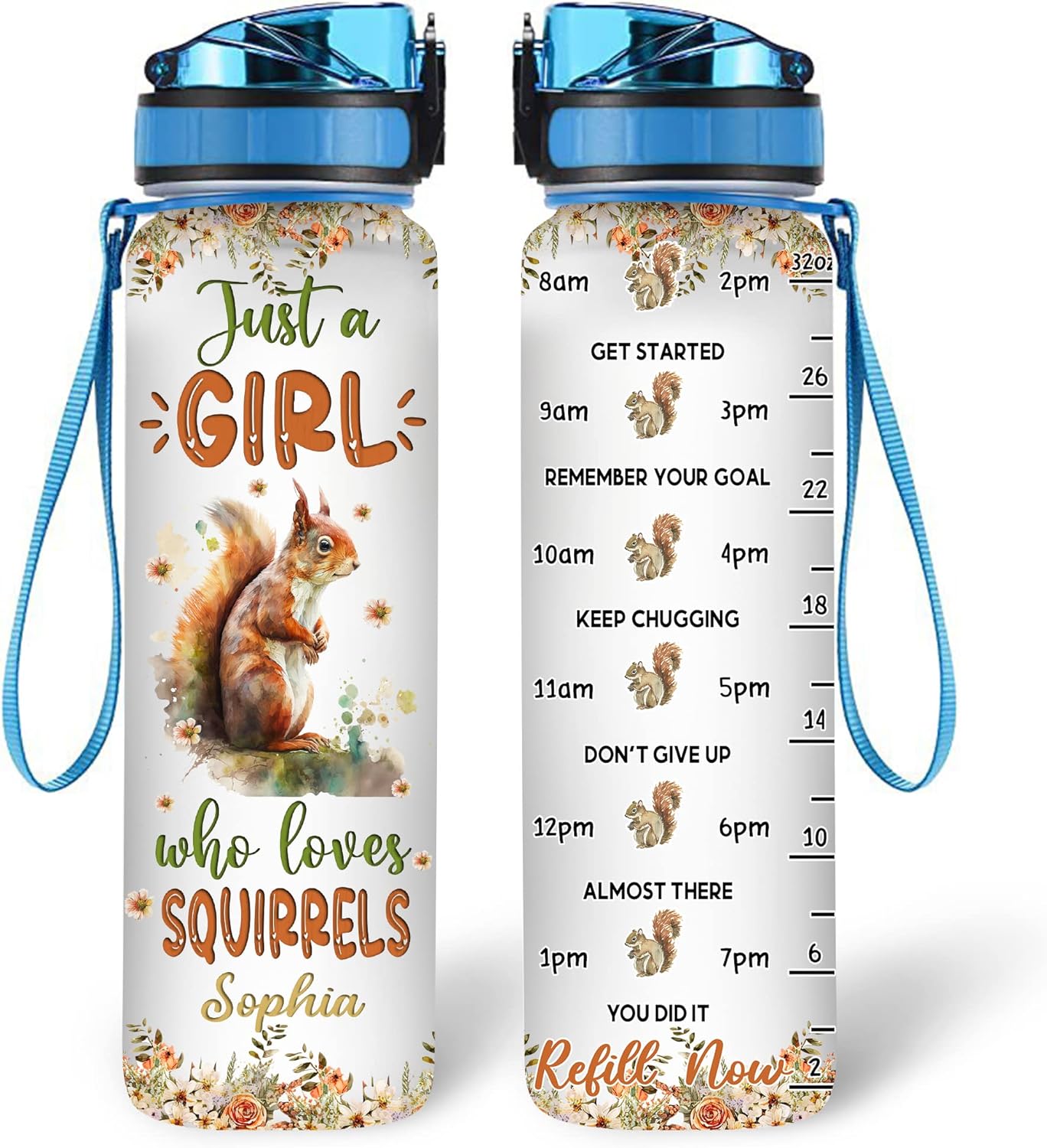Squirrel Water Bottle Tracker 32oz Personalized – Cute Animal Hydration Bottle – Birthday or Christmas Gift for Squirrel Lovers