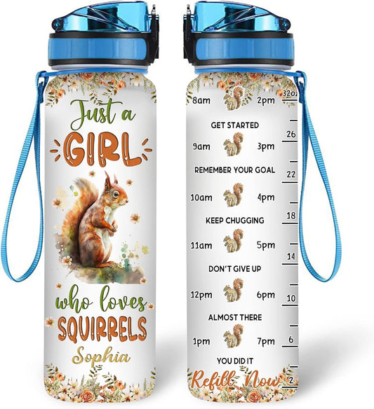 Squirrel Water Bottle Tracker 32oz Personalized – Cute Animal Hydration Bottle – Birthday or Christmas Gift for Squirrel Lovers