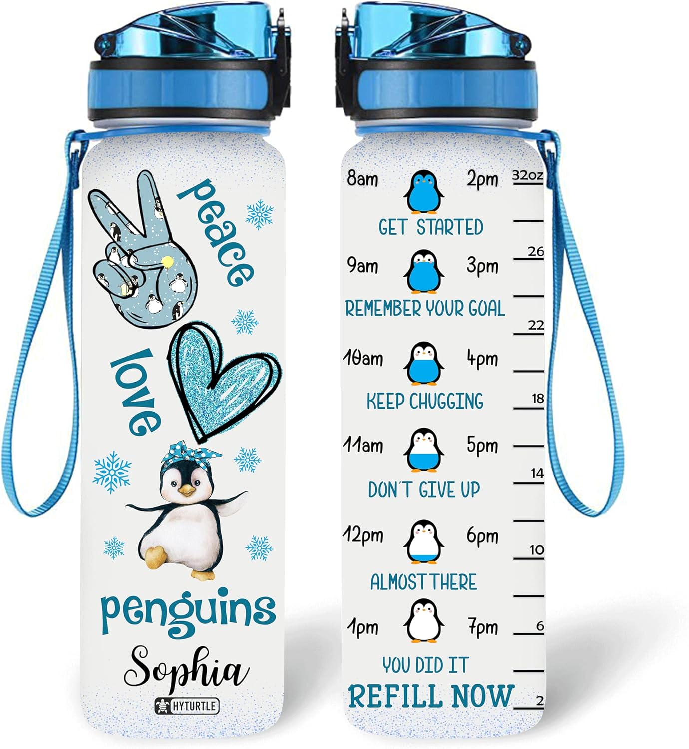 Penguins Snowflakes - Personalized Water Tracker Bottle 32oz