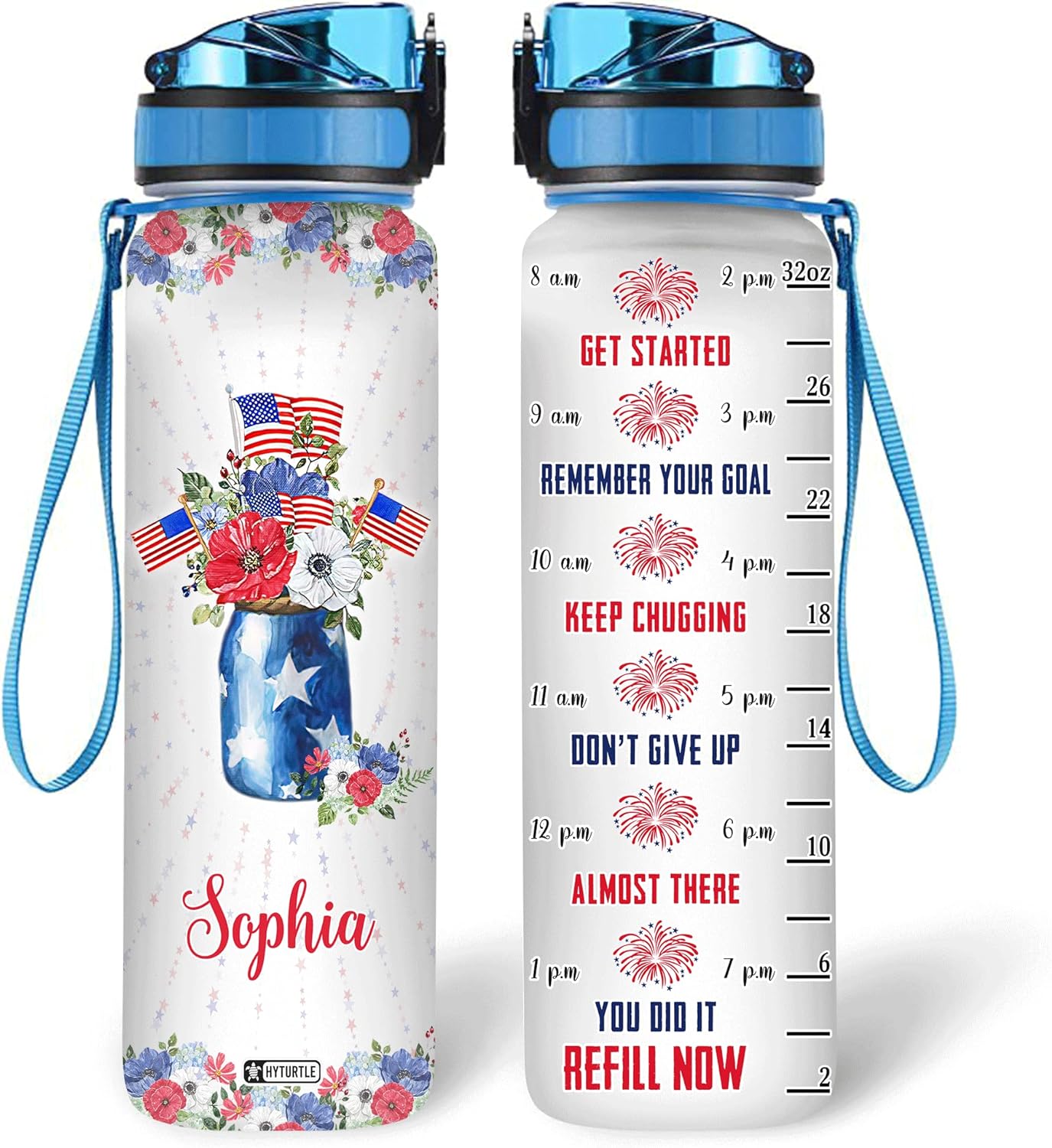 Flower USA Flag - Personalized Water Tracker Bottle 32oz