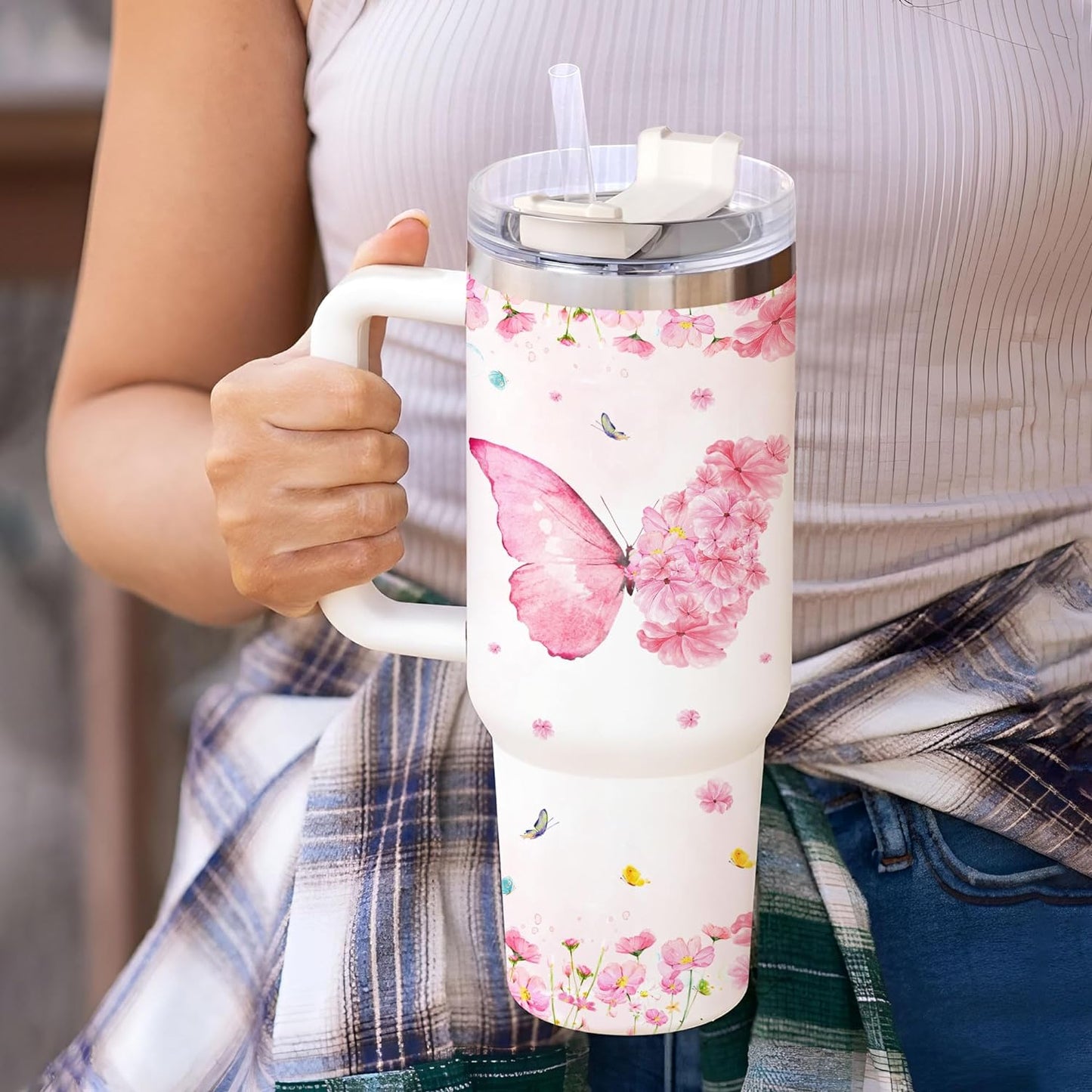 Pink Butterfly Floral Tumbler 40oz – Personalized Stainless Steel Insulated Cup with Handle & Straw – Unique Gift for Butterfly Lovers