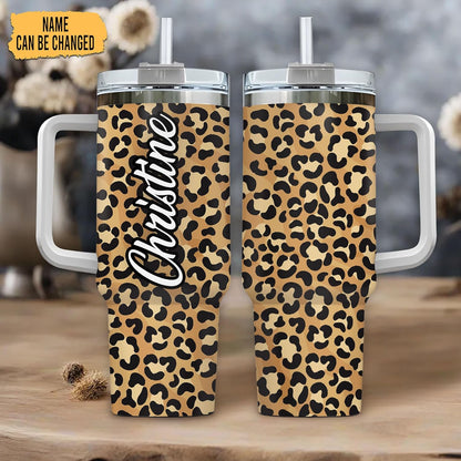 Leopard Print Tumbler 40oz with Handle & Straw – Personalized Stainless Steel Insulated Travel Cup with Lid – Stylish Gift for Women