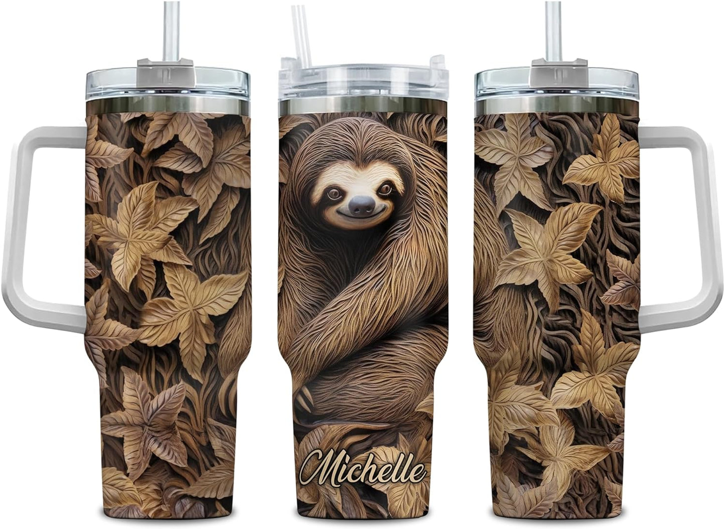 Sloth Tumbler 40oz with Handle & Straw – Personalized Stainless Steel Insulated Travel Cup with Lid – Relaxing Gift for Animal Lovers & Women