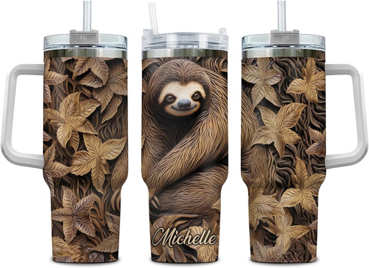 Sloth Tumbler 40oz with Handle & Straw – Personalized Stainless Steel Insulated Travel Cup with Lid – Relaxing Gift for Animal Lovers & Women