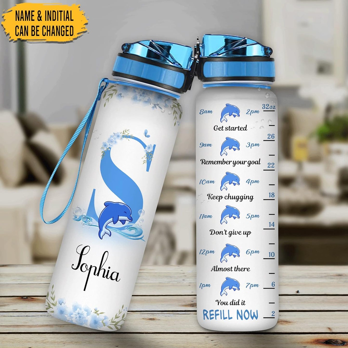 Dolphin Initial Water Bottle Tracker 32oz Personalized – Ocean Lover’s Hydration Bottle with Time Marker – Unique Gift for Girls & Women