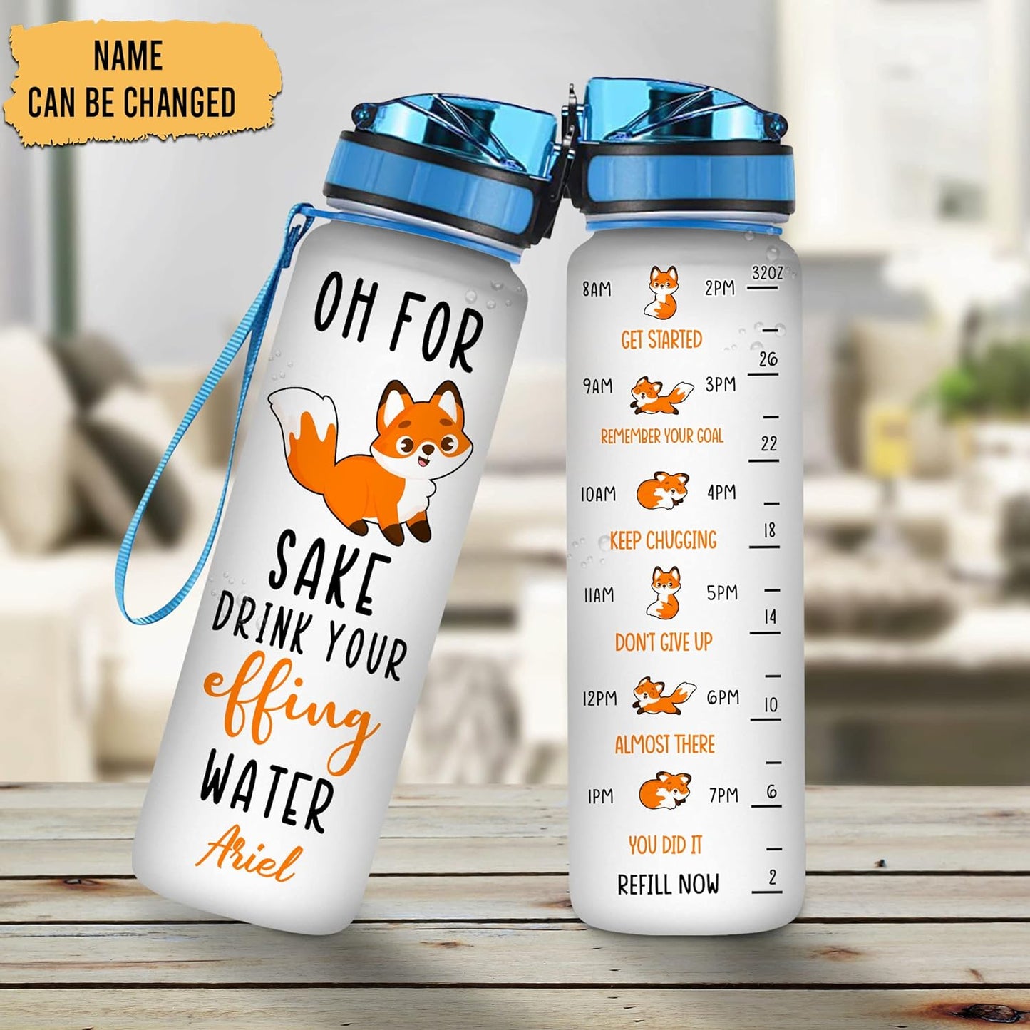 Funny Fox Theme Water Bottle Tracker 32oz – Personalized Motivational Bottle with Time Marker – Creative Gift for Fox Lovers