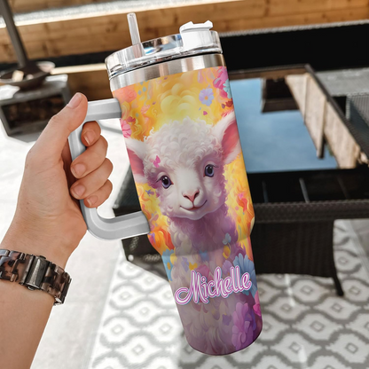 Cute Lamb Spirit Animal Tumbler 40oz – Personalized Stainless Steel Insulated Cup with Handle & Straw – Unique Gift for Sheep Lovers