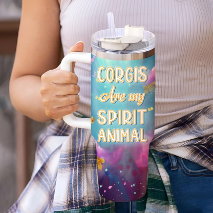Corgi Spirit Animal Tumbler 40oz – Personalized Stainless Steel Insulated Cup with Handle & Straw – Cute Gift for Dog Lovers