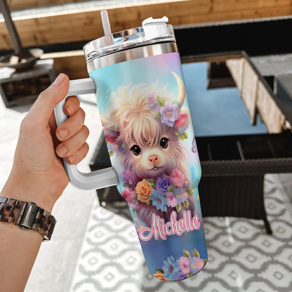 Highland Cow Lover Tumbler 40oz with Handle & Straw – Personalized Stainless Steel Insulated Cup with Lid – Cute Farm Animal Gift for Birthday or Christmas