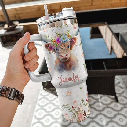 Highland Cow 40oz Tumbler with Handle & Straw – Personalized Stainless Steel Insulated Travel Cup with Lid – Unique Farm Animal Gift for Women