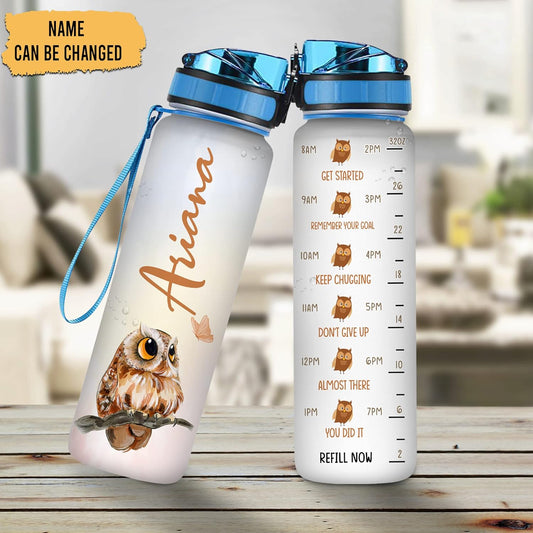 Cute Owl Water Bottle Tracker 32oz – Personalized Motivational Bottle with Time Marker – Thoughtful Gift for Owl Lovers
