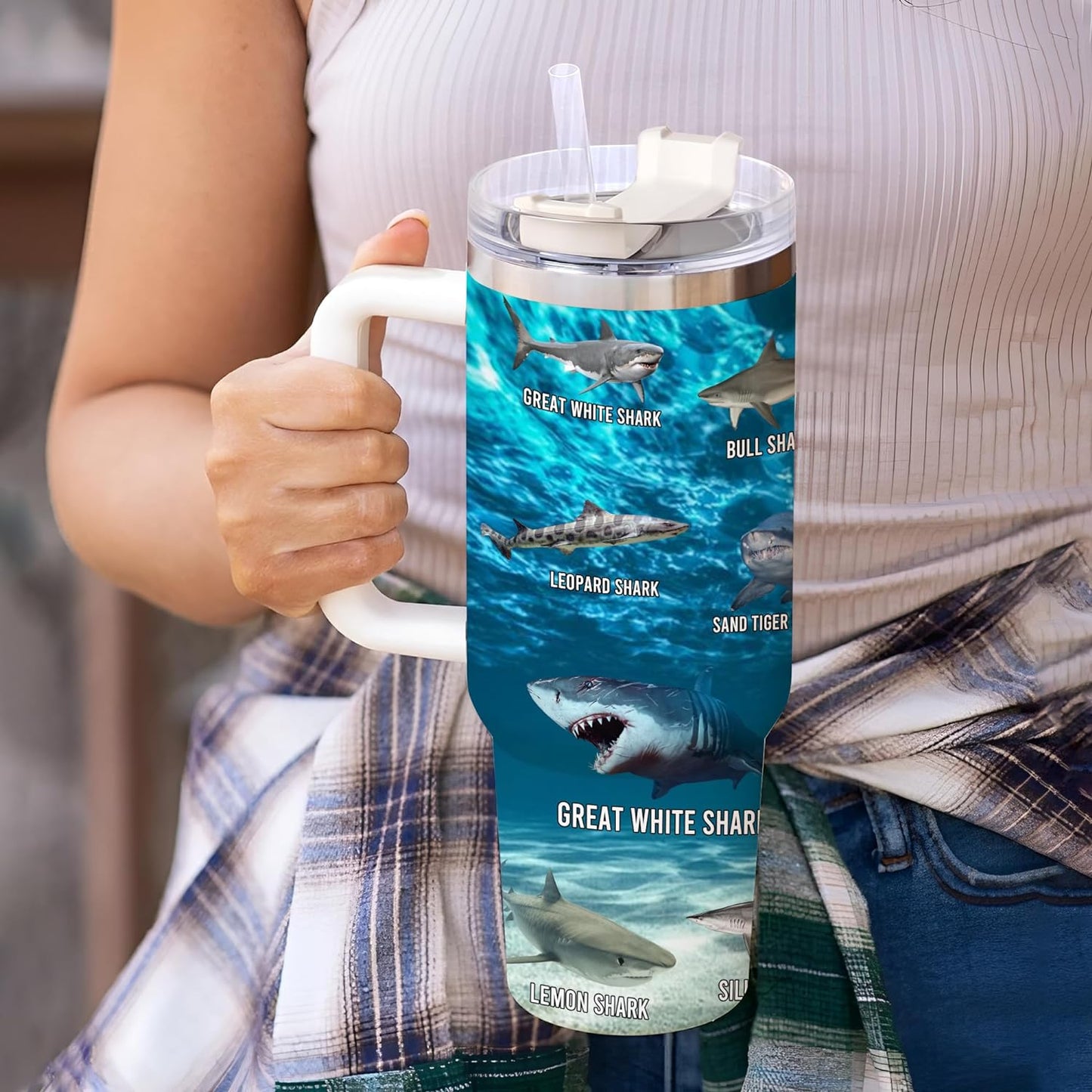 Shark Lover Tumbler 40oz with Handle & Straw – Personalized Stainless Steel Insulated Travel Cup with Lid – Sea Adventure Gift for Men & Kids