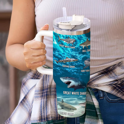 Shark Lover Tumbler 40oz with Handle & Straw – Personalized Stainless Steel Insulated Travel Cup with Lid – Sea Adventure Gift for Men & Kids