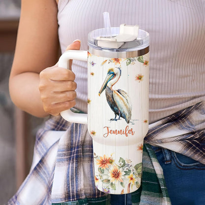 Pelican Tumbler 40oz with Handle & Straw – Personalized Stainless Steel Insulated Travel Cup with Lid – Creative Gift for Ocean Bird Lovers