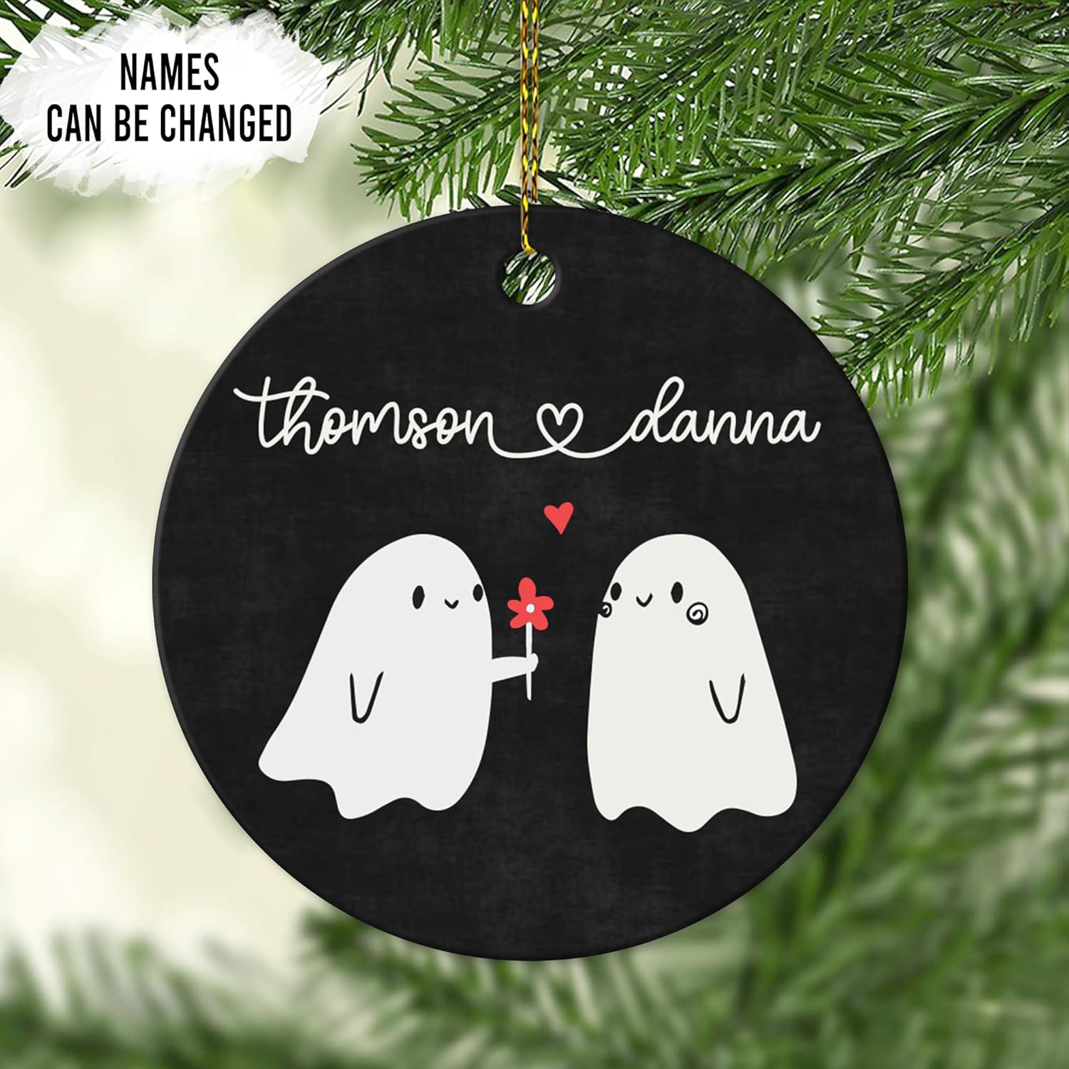 Cute Ghost Couple Black Ceramic Ornament – Personalized Custom Name Circle Keepsake, Funny Halloween or Anniversary Gift for Couples