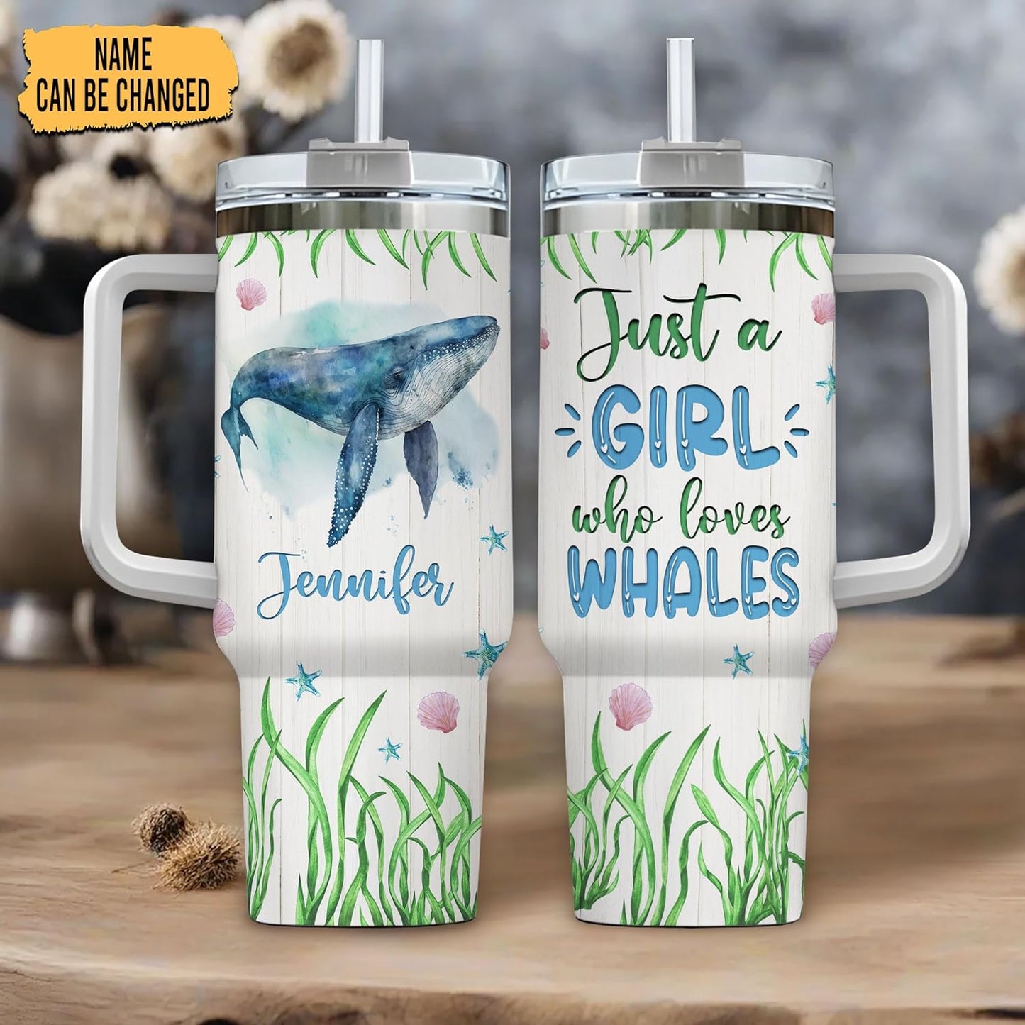 Whale Ocean Lover Tumbler 40oz – Personalized Stainless Steel Insulated Cup with Handle & Straw, Watercolor Marine Art – Stylish Gift for Women & Girls