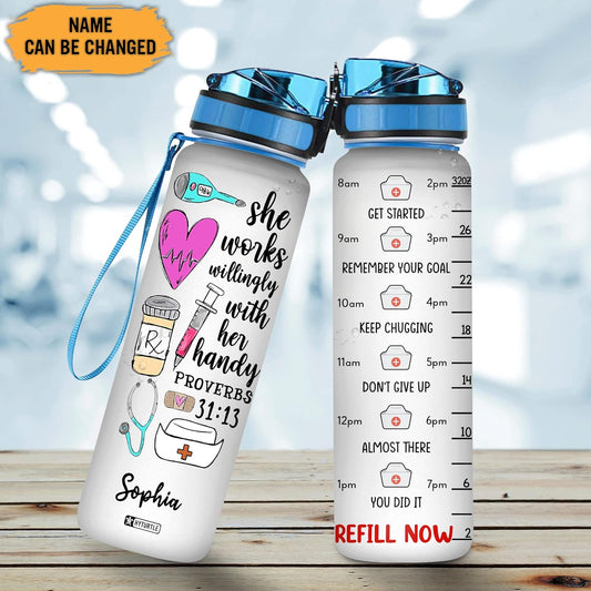 Proverbs Nurse Water Bottle Tracker 32oz – Personalized Motivational Bottle with Time Marker – Appreciation Gift for Nurses