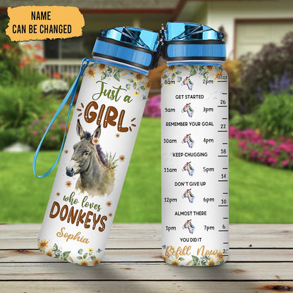Donkey Lovers Water Bottle Tracker 32oz – Personalized Motivational Bottle with Time Marker – Thoughtful Gift for Animal Fans