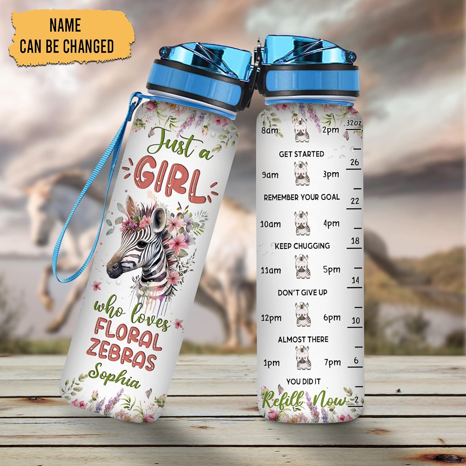 Floral Zebra Water Bottle Tracker 32oz Personalized – Stylish Animal Hydration Bottle – Graduation or Birthday Gift for Zebra Lovers