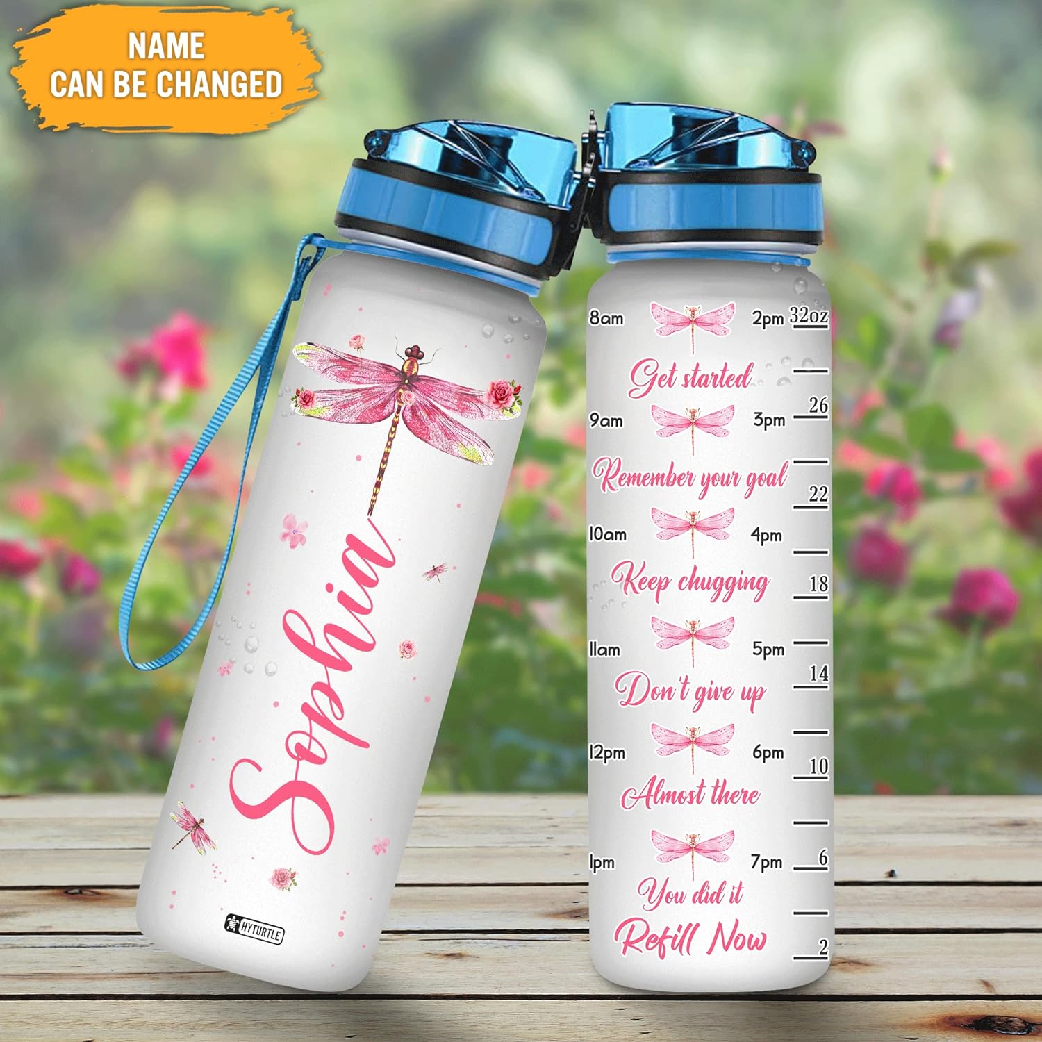 Pink Dragonfly - Personalized Water Tracker Bottle 32oz