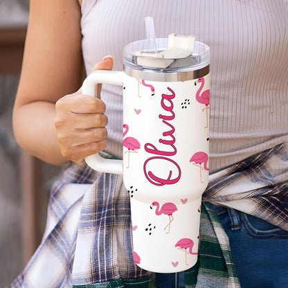 Pink Flamingo Tumbler 40oz with Handle & Straw – Personalized Stainless Steel Insulated Cup with Lid – Stylish Gift for Flamingo Lovers