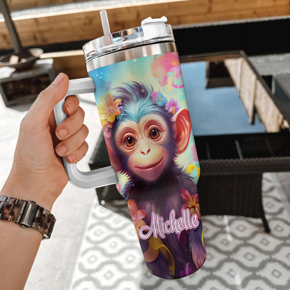 Monkey Lover Tumbler 40oz with Handle & Straw – Personalized Stainless Steel Insulated Travel Cup with Lid – Fun Birthday Gift for Animal Lovers