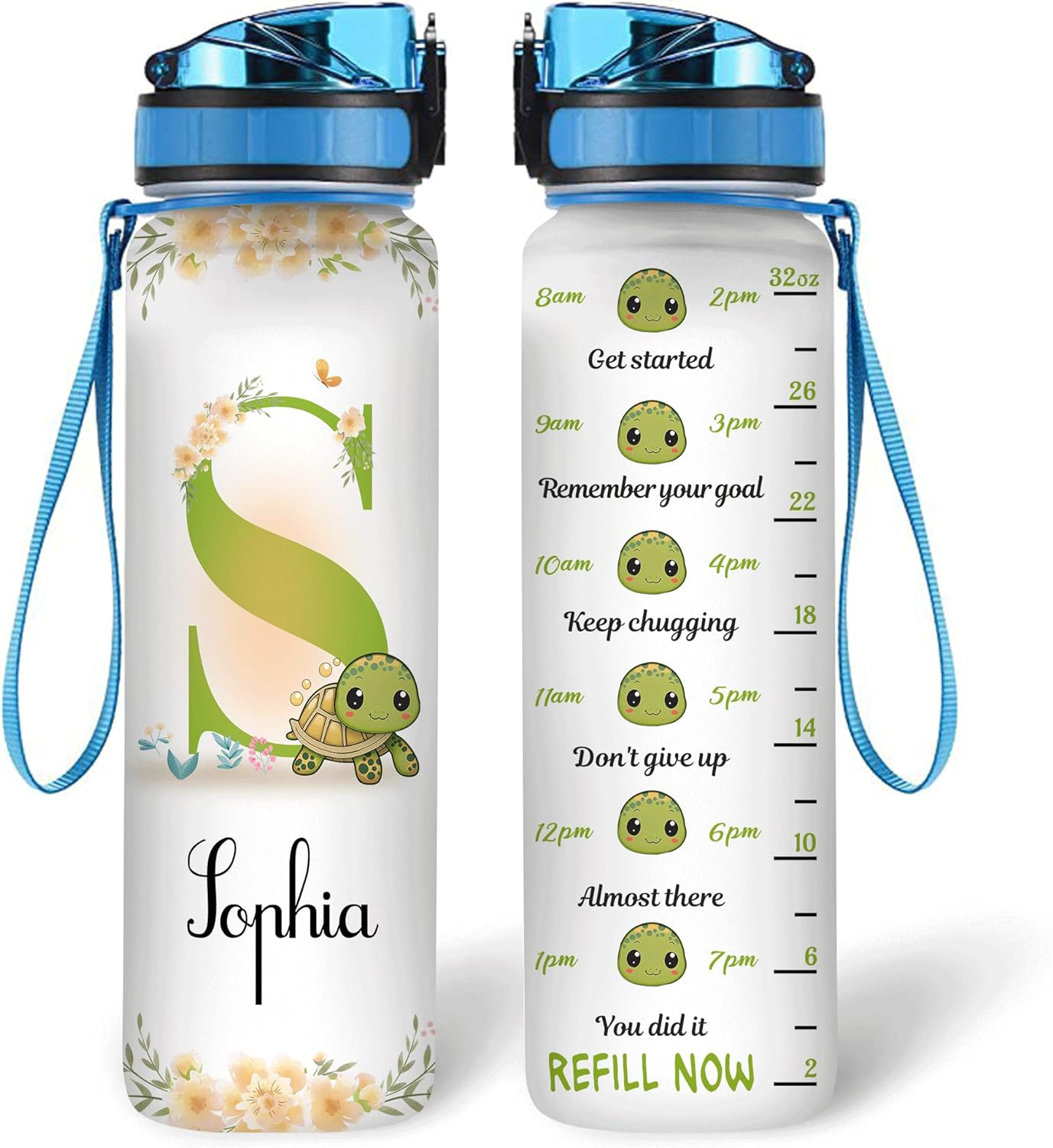 Turtles Flower Theme - Personalized Water Tracker Bottle 32oz