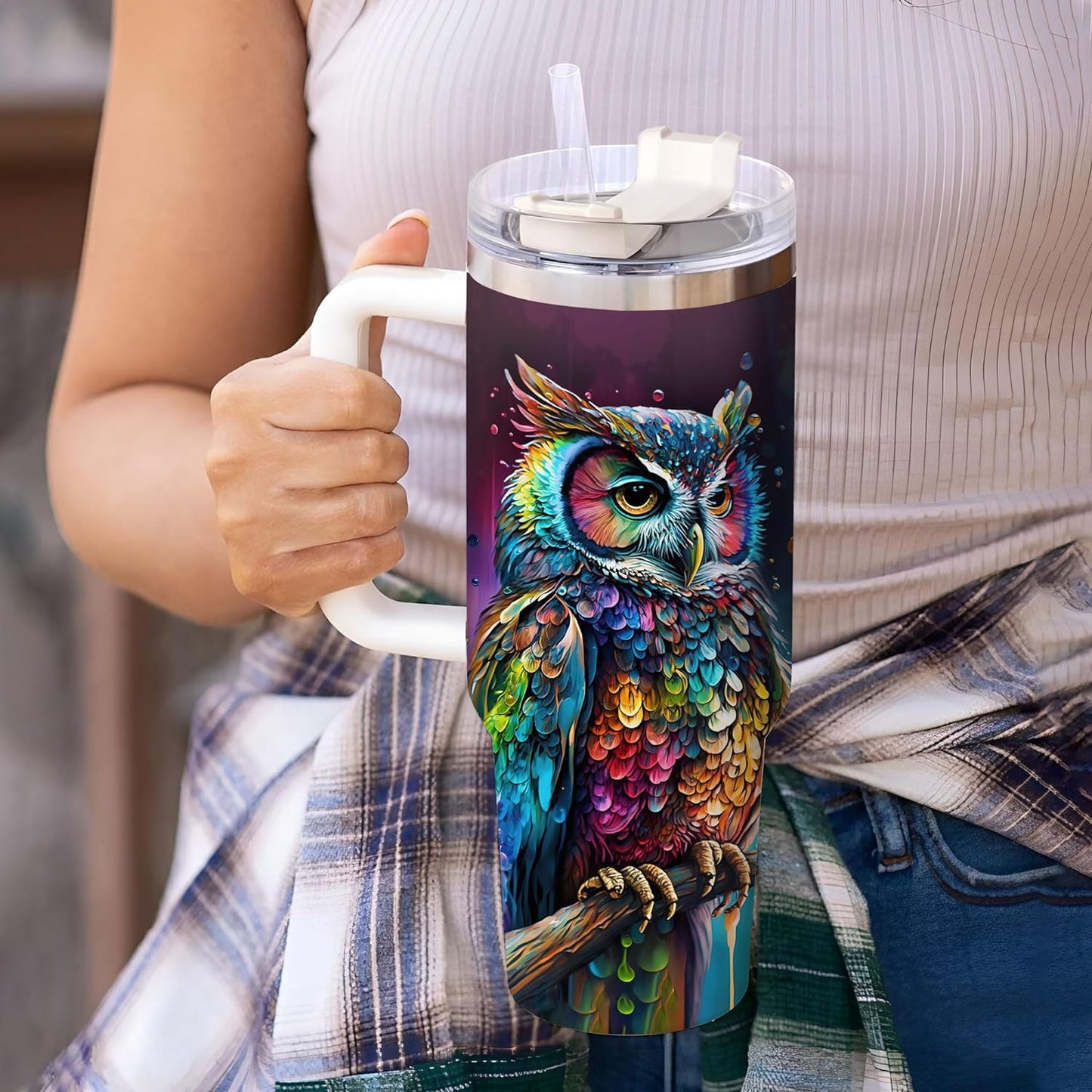 Colorful Owl Tumbler 40oz with Handle & Straw – Personalized Stainless Steel Insulated Travel Cup with Lid – Artistic Gift for Owl Lovers