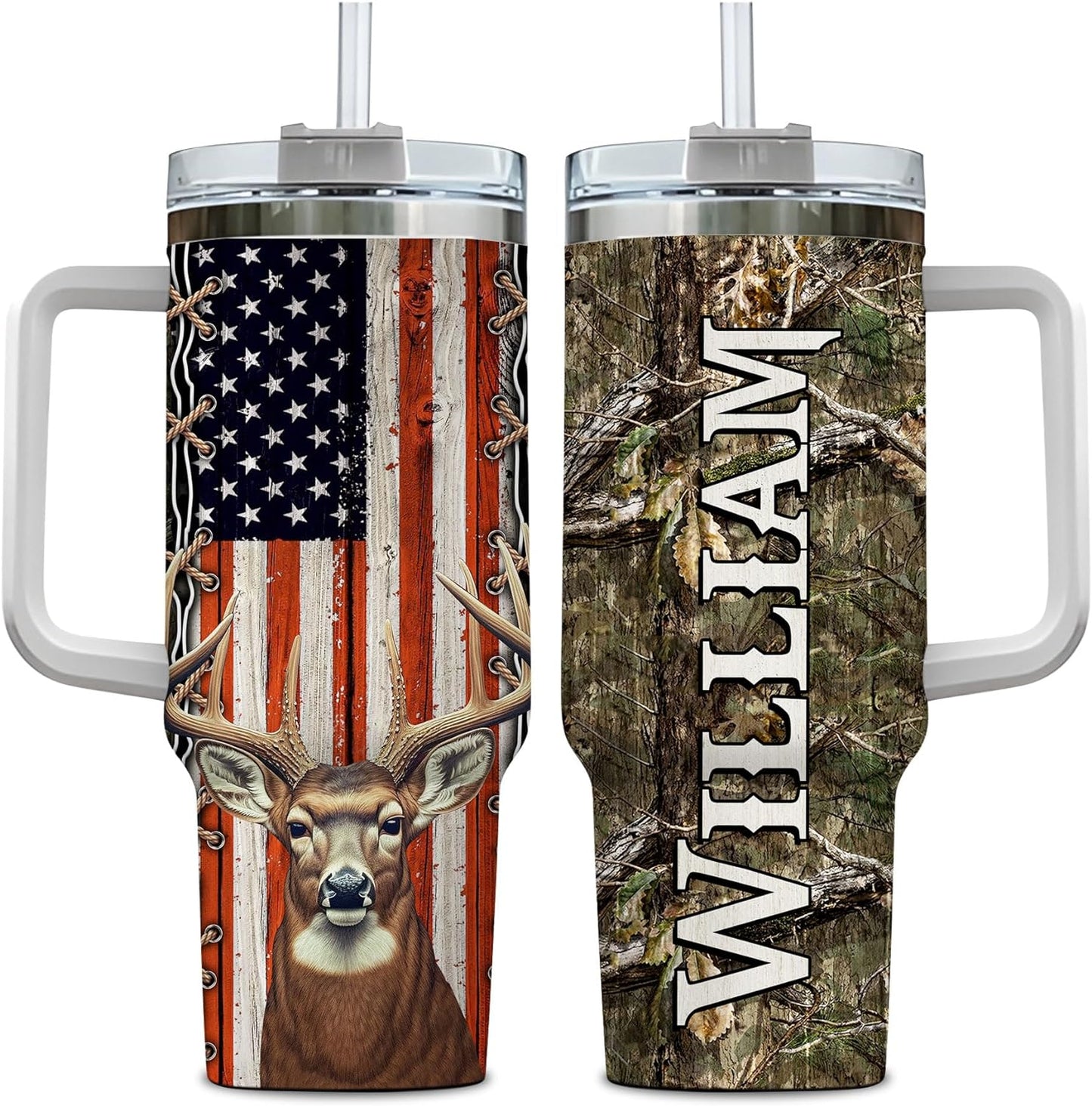 Deer Hunting American Flag Tumbler 40oz with Handle & Straw – Personalized Stainless Steel Insulated Cup with Lid – Gift for Hunters & Outdoorsmen