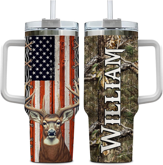 Deer Hunting American Flag Tumbler 40oz with Handle & Straw – Personalized Stainless Steel Insulated Cup with Lid – Gift for Hunters & Outdoorsmen