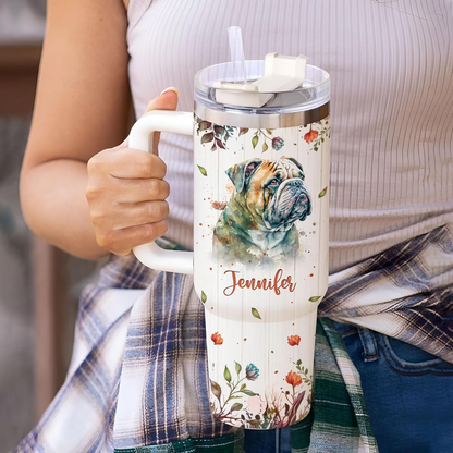 Bulldog Lover Tumbler 40oz with Handle & Straw – Personalized Stainless Steel Insulated Cup with Lid – Gift for Dog Moms