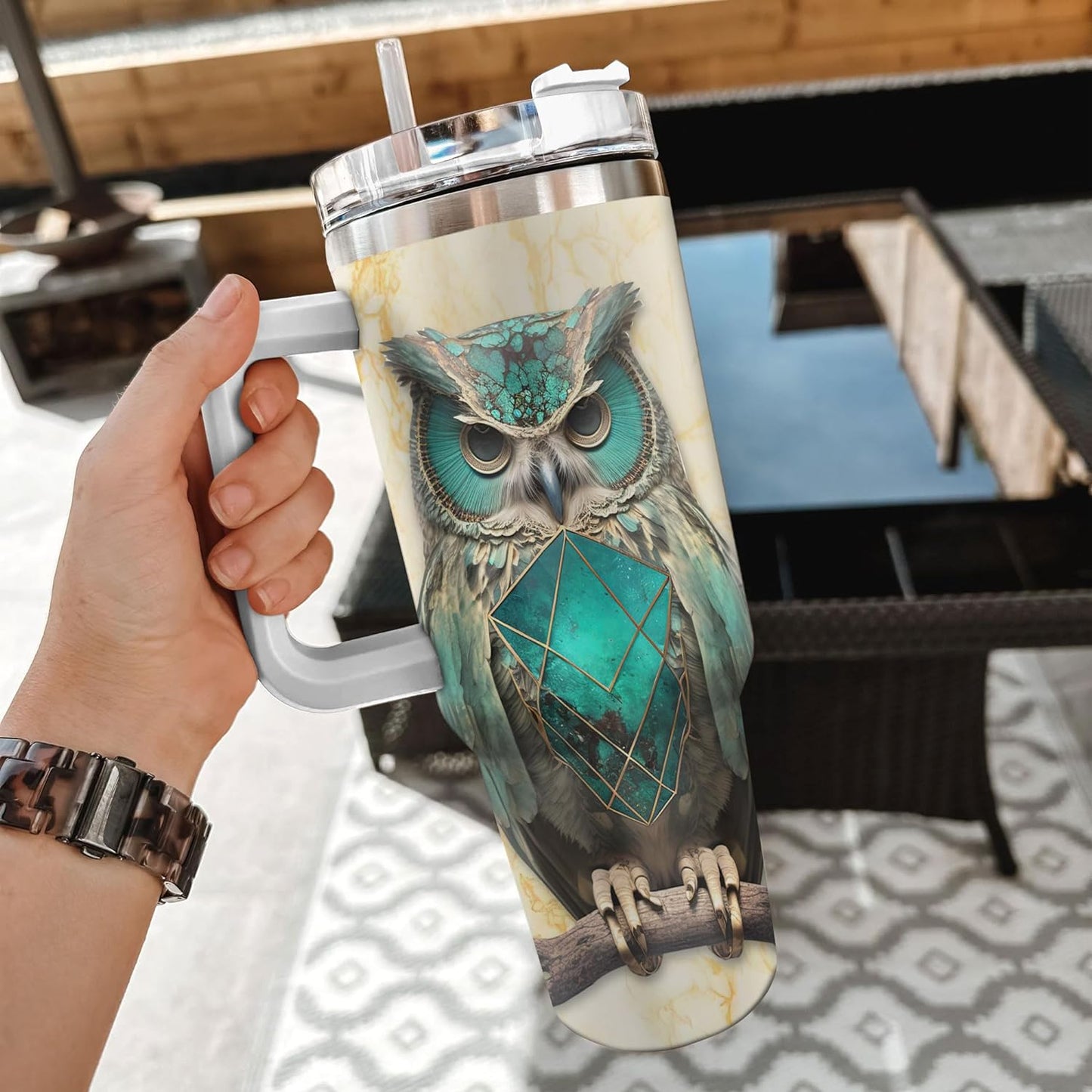 Owl & Gemstone Tumbler 40oz with Handle & Straw – Personalized Stainless Steel Insulated Travel Cup with Lid – Artistic Gift for Owl Lovers