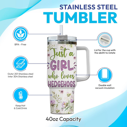 Hedgehog Floral 40oz Tumbler with Handle & Straw – Personalized Stainless Steel Insulated Travel Cup with Lid – Unique Gift for Animal Lovers