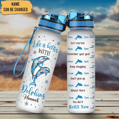 Life Is Better with Dolphins Water Bottle Tracker 32oz – Personalized Motivational Hydration Bottle with Time Marker – Cute Gift for Dolphin Lovers
