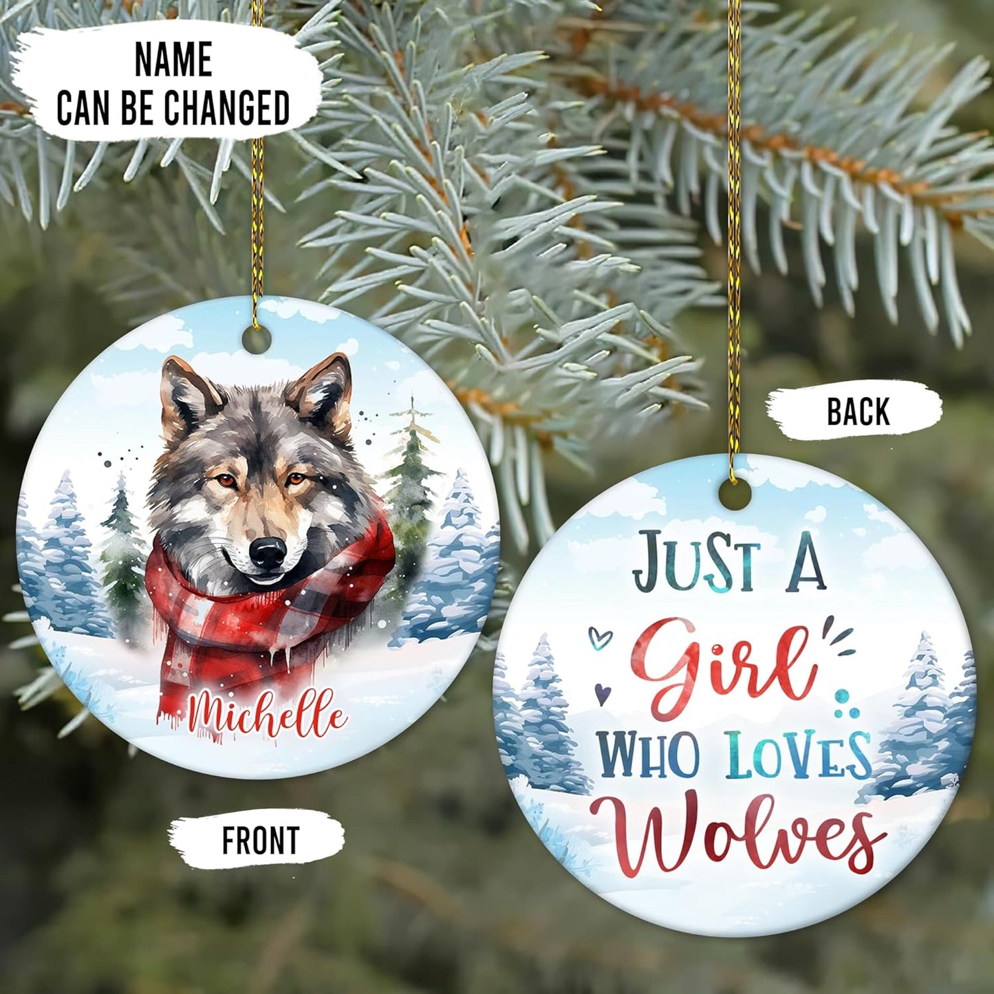 Winter Wolf Ceramic Ornament – Personalized Name, Custom Christmas or Birthday Gift for Wolf Lover, Nature Fan or Cabin Decor