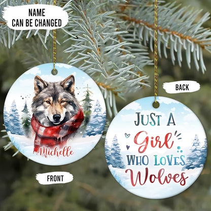 Winter Wolf Ceramic Ornament – Personalized Name, Custom Christmas or Birthday Gift for Wolf Lover, Nature Fan or Cabin Decor