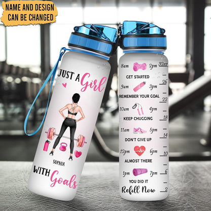 Just A Girl With Goals Water Bottle Tracker 32oz Personalized – Fitness Motivational Daily Bottle with Time Marker – Unique Gym Gift