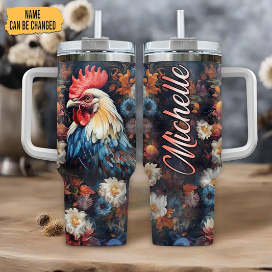Rooster Floral Tumbler 40oz with Handle & Straw – Personalized Stainless Steel Insulated Travel Cup with Lid – Stylish Gift for Chicken Lovers