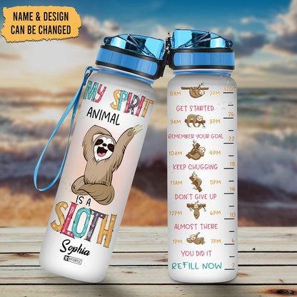 Spirit Animal Sloth Water Bottle Tracker 32oz – Personalized Cute Motivational Bottle with Time Marker – Fun Gift for Sloth Lovers & Teens