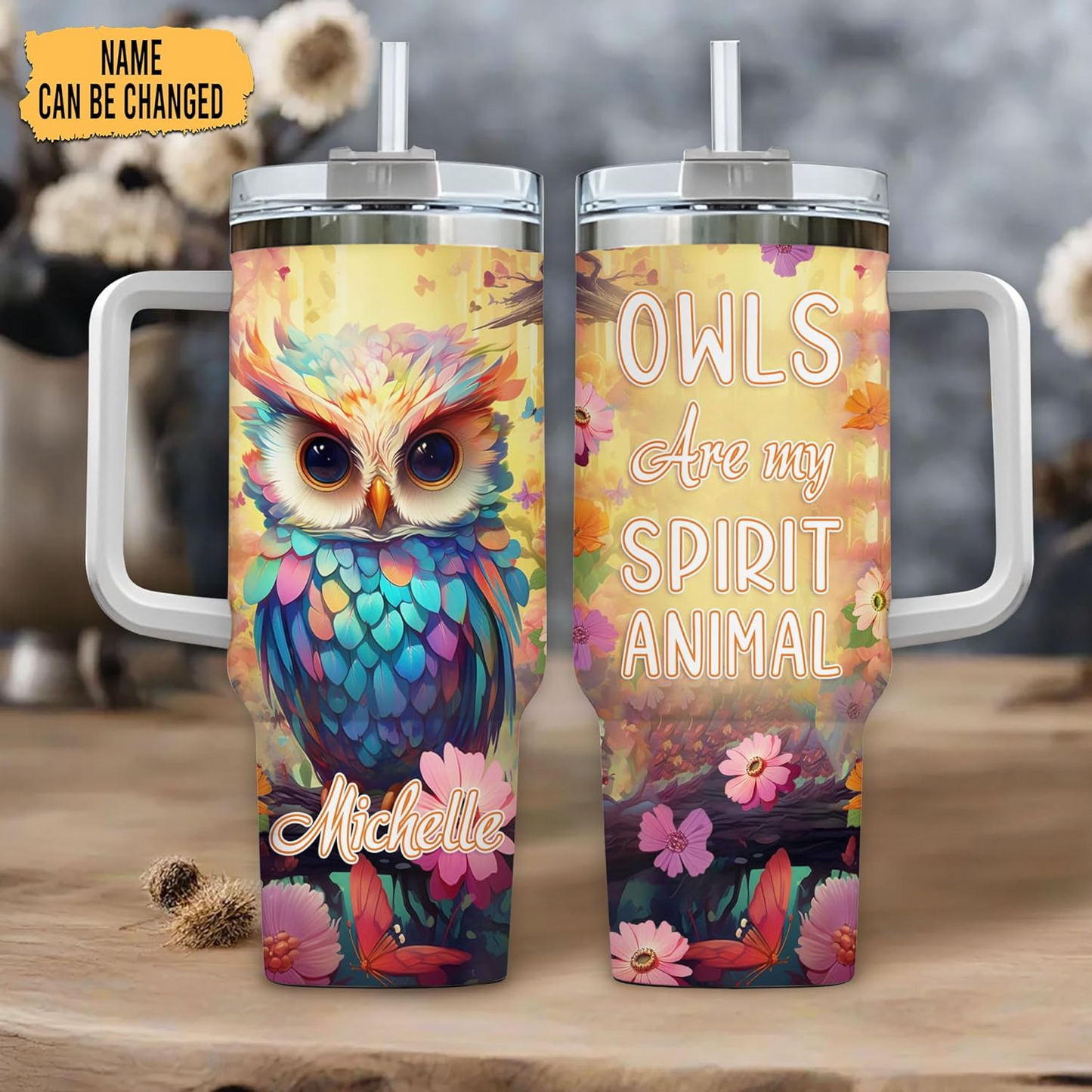 Colorful Owl Tumbler 40oz with Handle & Straw – Personalized Stainless Steel Cup with Lid – Cute Bird Lover Gift for Women & Girls