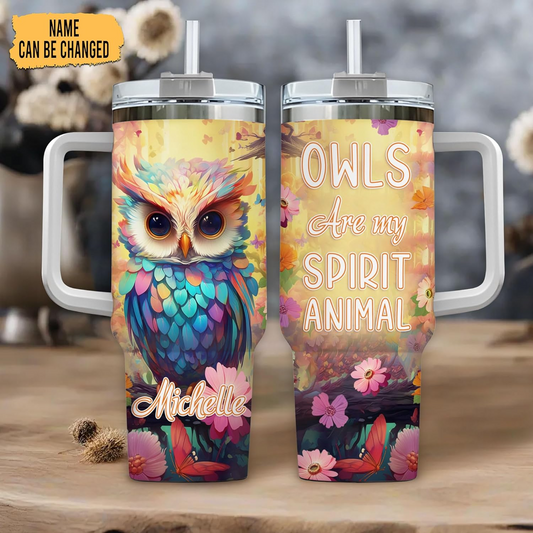 Colorful Owl Tumbler 40oz with Handle & Straw – Personalized Stainless Steel Cup with Lid – Cute Bird Lover Gift for Women & Girls