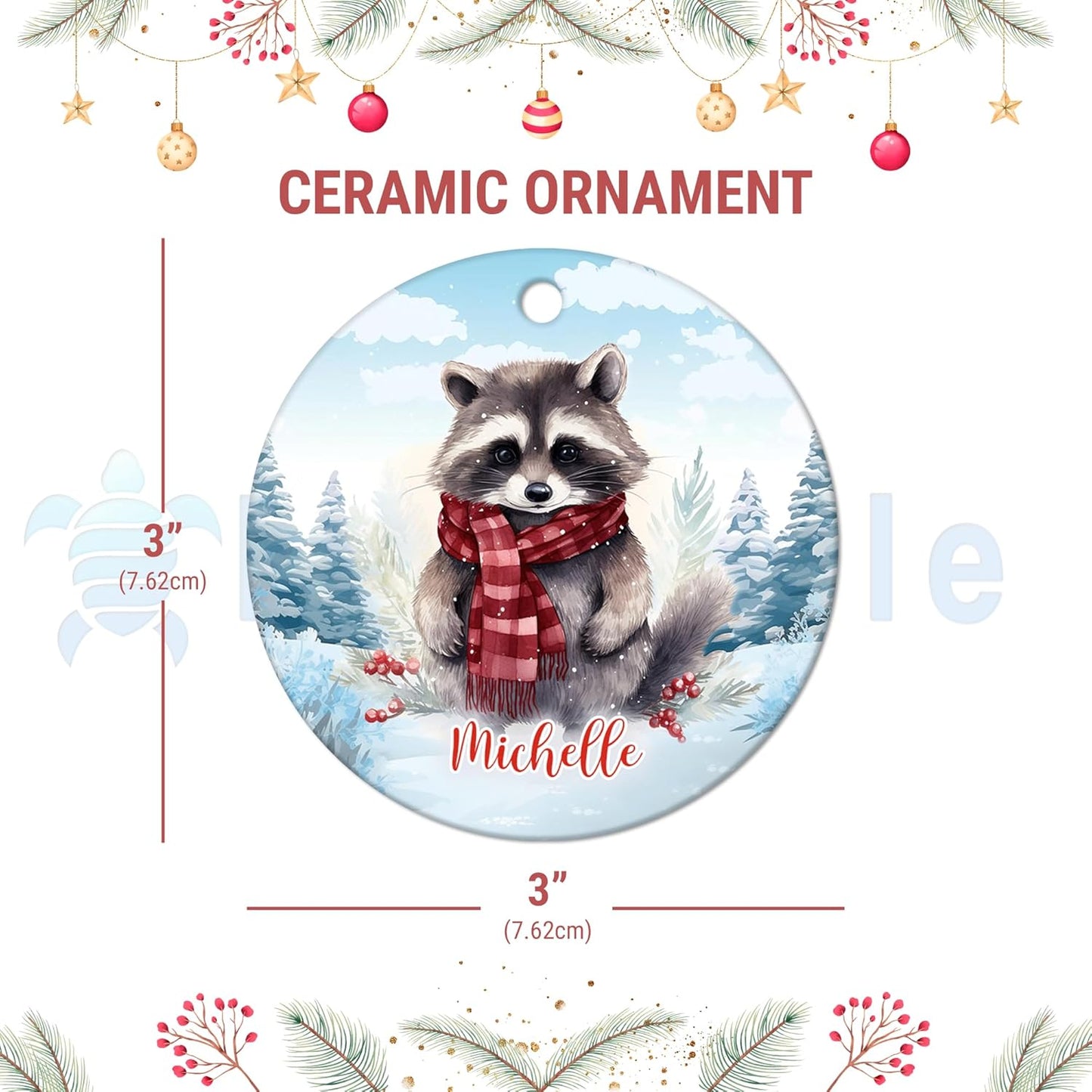 Winter Raccoon Scarf Ceramic Ornament – Personalized Name, Custom Christmas Gift for Women, Animal Lover or Woodland Cabin Decor