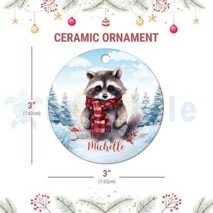 Winter Raccoon Scarf Ceramic Ornament – Personalized Name, Custom Christmas Gift for Women, Animal Lover or Woodland Cabin Decor